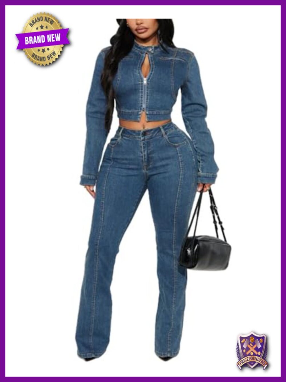 Women 2 Piece Denim Set Cropped Zip Jacket & Low Waist Jeans Y2K Outfit